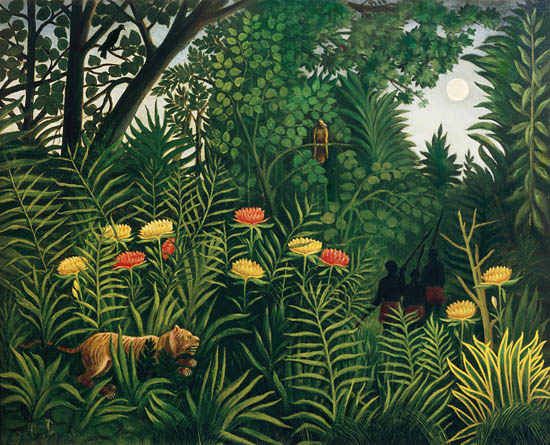 550x445 Henri Rousseau Painting Jungle With Tigers And Hunter Color - Jungle Painting
