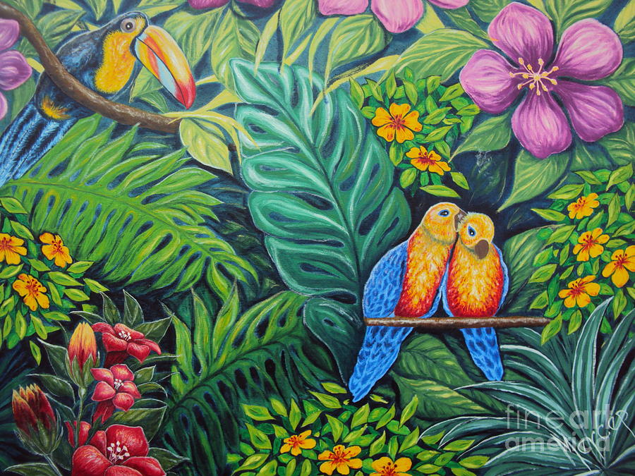 900x675 Parrots Jungle Love Scene Painting By Drinka Mercep - Jungle Painting