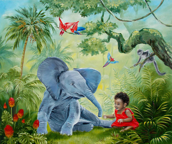 570x477 Oil Painting, For Kids, Girl, Elephant, Jungle, Parrots, Monkey - Jungle Painting For Kids