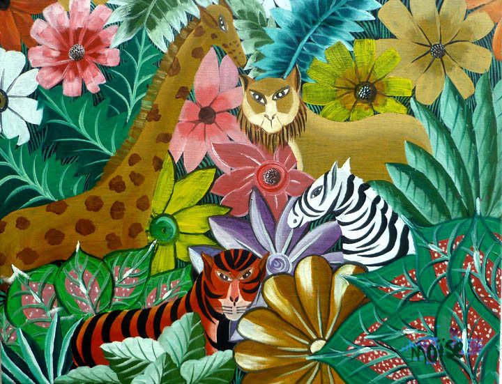 720x551 Haitian Art, Art Of Haiti, Jungle Scene, Haitian Painting, Canvas - Jungle Scene Painting