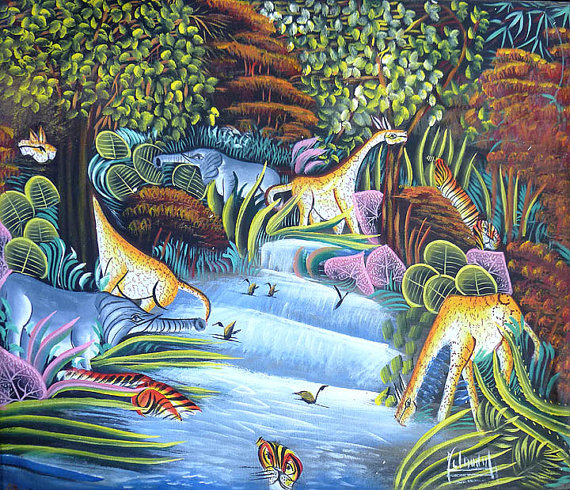 570x490 Haitian Painting Colorful Jungle Scene Haitian Art Hand - Jungle Scene Painting