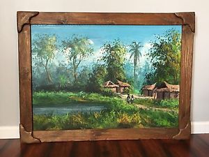 300x225 Jungle Painting Oil On Canvas Tropical Village Scene Unique Wood - Jungle Scene Painting