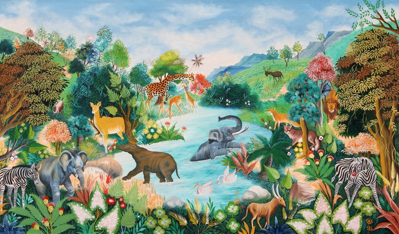 800x469 S. Poindujour, Jungle Scene, Painting - Jungle Scene Painting