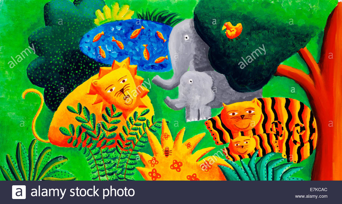 1300x775 Acrylic Painting Of A Jungle Scene Stock Photo 73570852 - Jungle Scene Painting