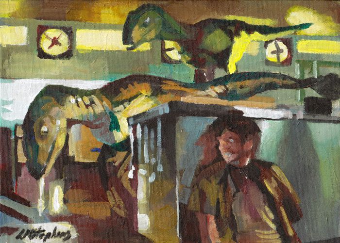 700x501 Raptors In The Kitchen Jurassic Park Small Painting On Board - Jurassic Park Painting