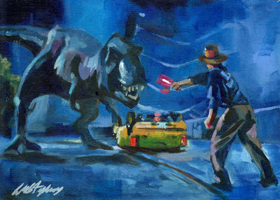 400x286 T Rex Attacks Jurassic Park By Lorna Marie - Jurassic Park Painting