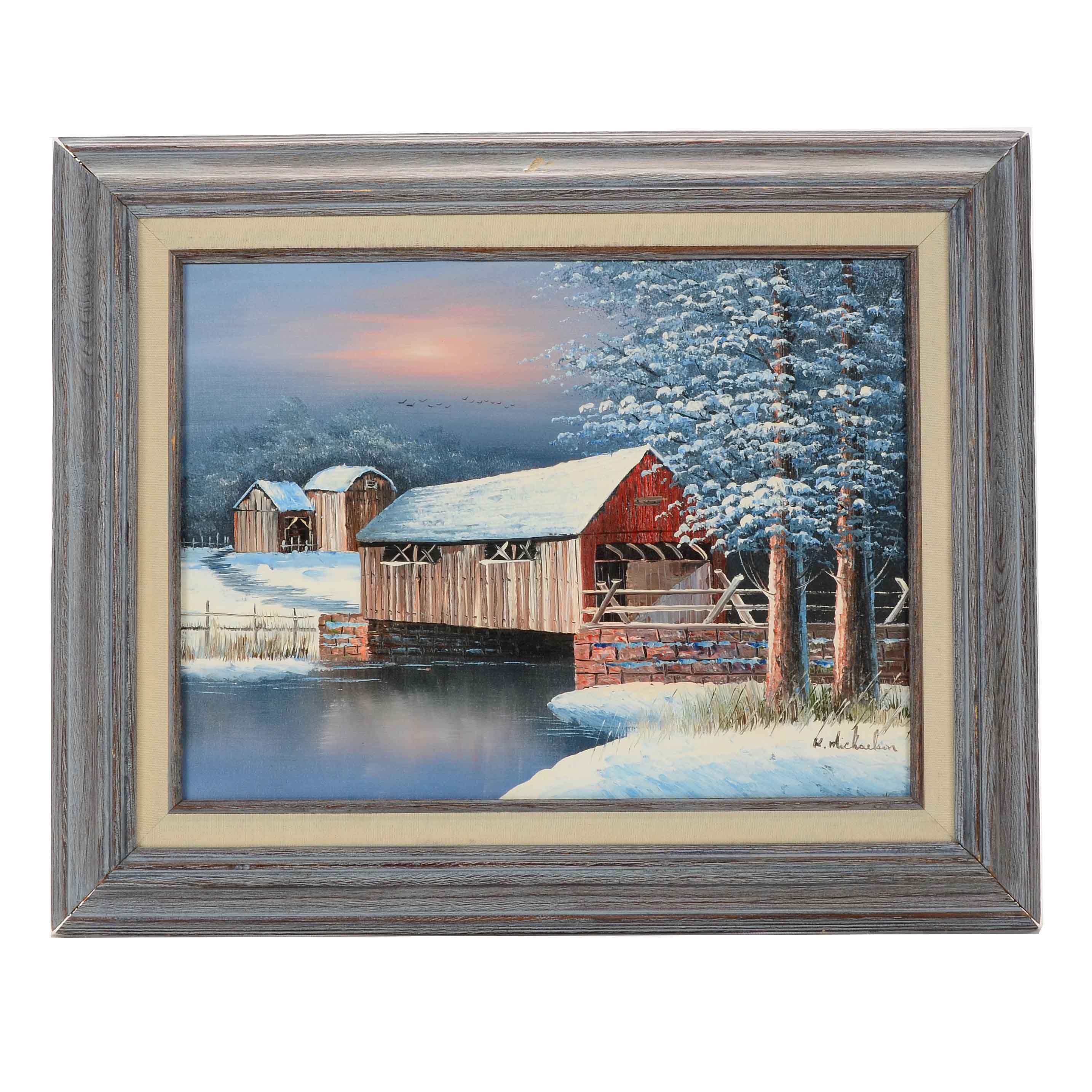 2868x2868 K. Michaelson Signed Oil Painting Of A Covered Bridge Ebth - K Painting