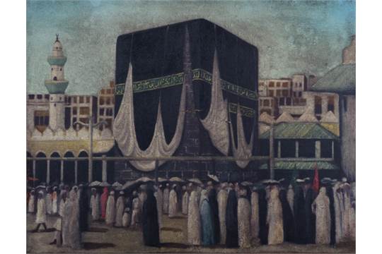 540x360 Kaaba Oil Painting Of The Kaaba And Pilgrims. Anonymous. 65x52 Cm - Kaaba Painting