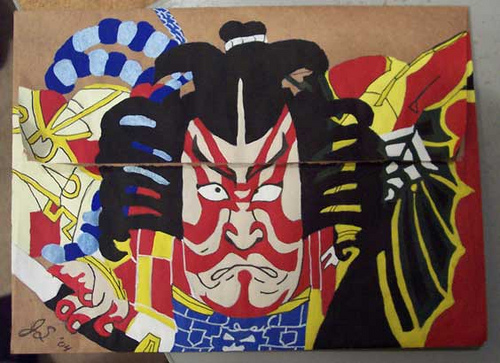 500x363 Kabuki Warrior Painted Envelope Hand Constructed - Kabuki Painting