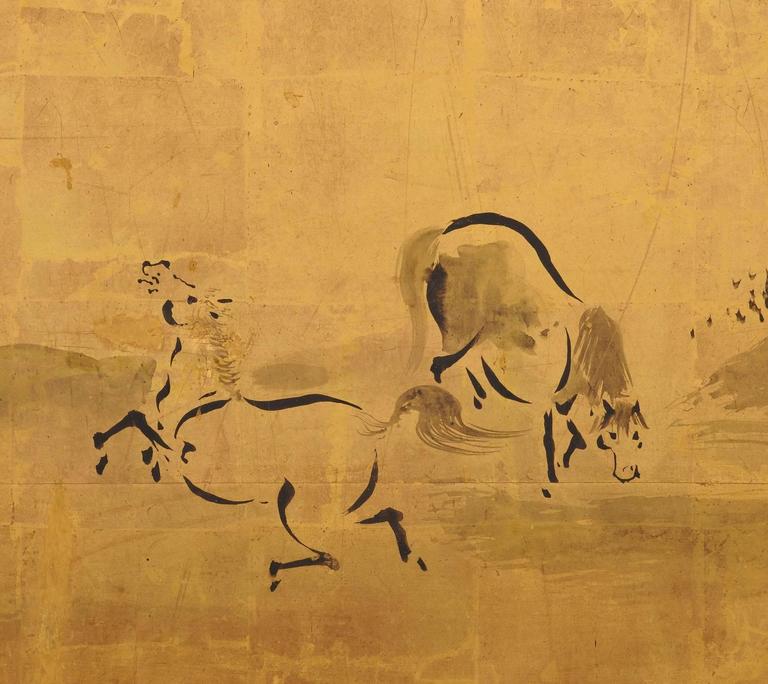 768x684 Kano Tanshin (1653 1718), Horses, Japanese Folding Screen Painting - Kano Painting