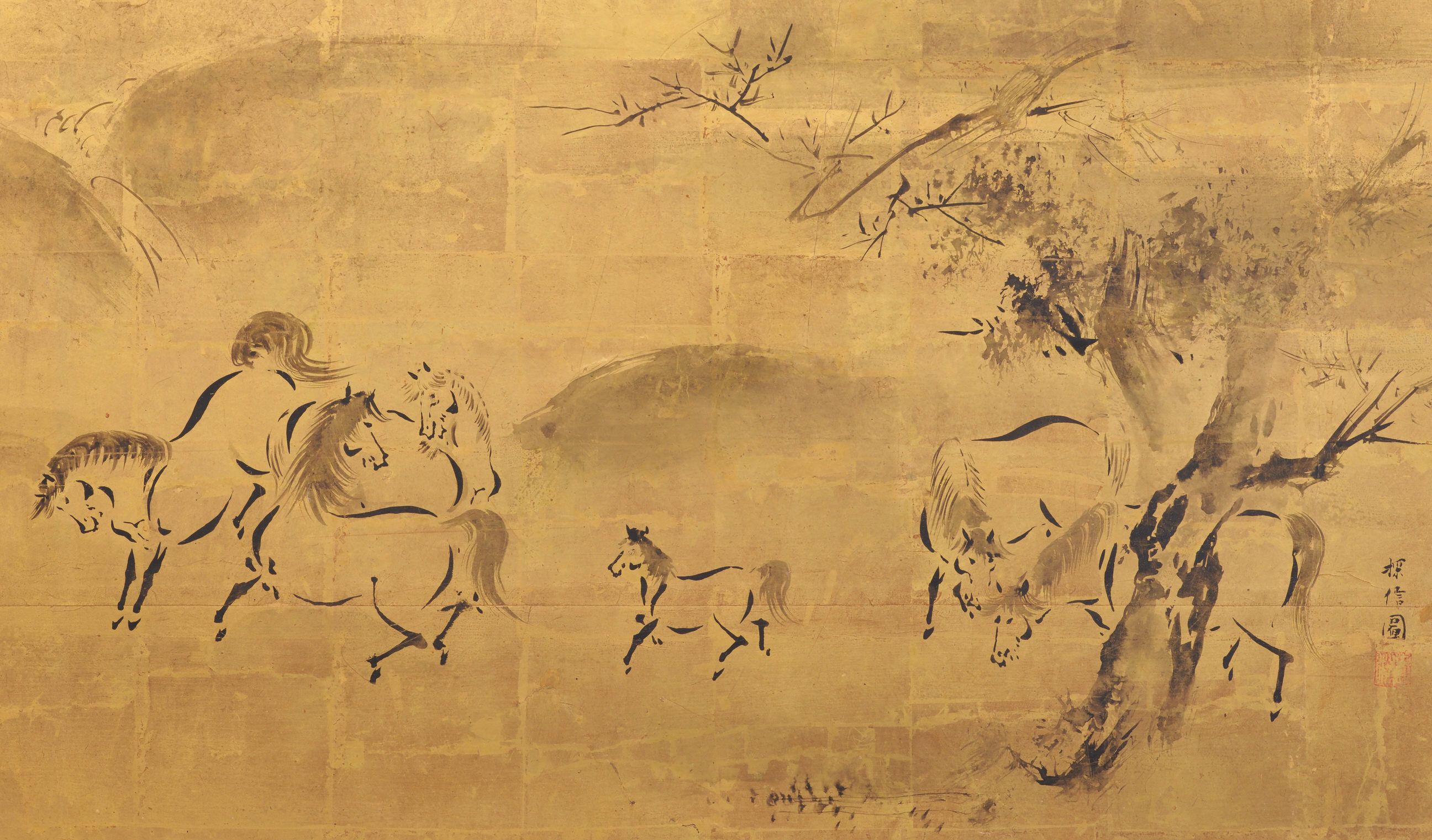 2592x1522 Kano Tanshin (1653 1718) Horses Japanese Folding Screen Painting - Kano Painting