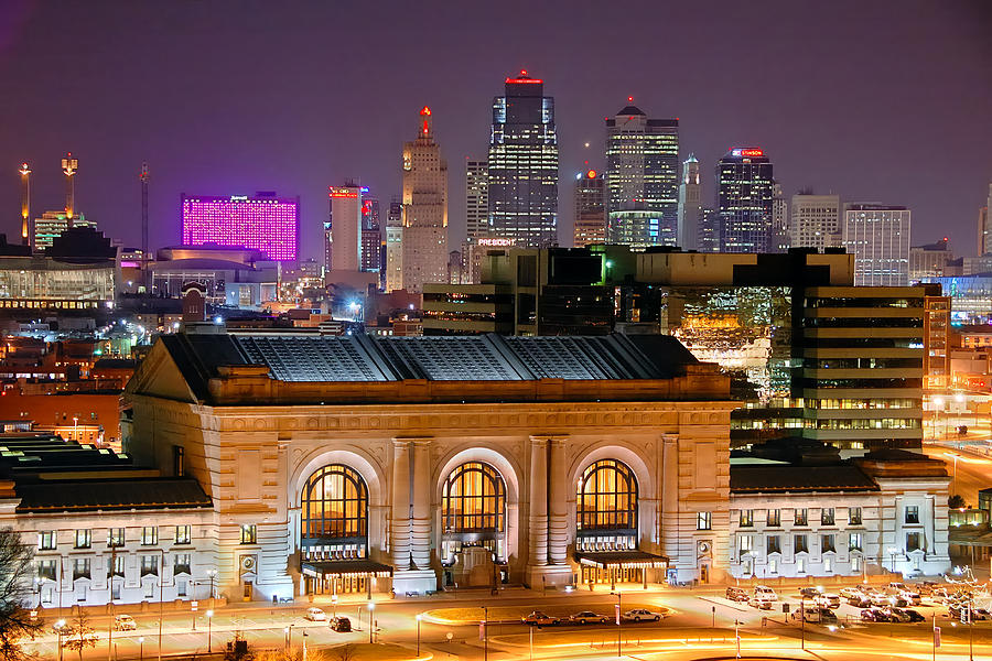 900x600 Kansas City Skyline At Night Kc Downtown Color Panorama Photograph - Kansas City Skyline Painting