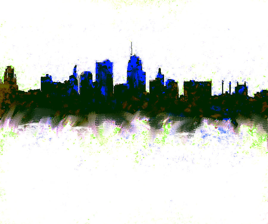 900x751 Kansas City Skyline Blue Painting By Enki Art - Kansas City Skyline Painting