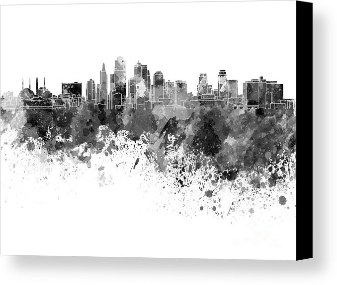 678x575 Kansas City Skyline In Black Watercolor On White Background Canvas - Kansas City Skyline Painting