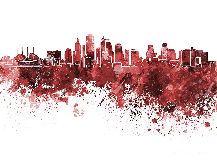 900x675 Kansas City Skyline In Red Watercolor On White Background Painting - Kansas City Skyline Painting