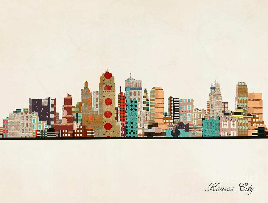 900x682 Kansas City Skyline Painting By Bleu Bri - Kansas City Skyline Painting