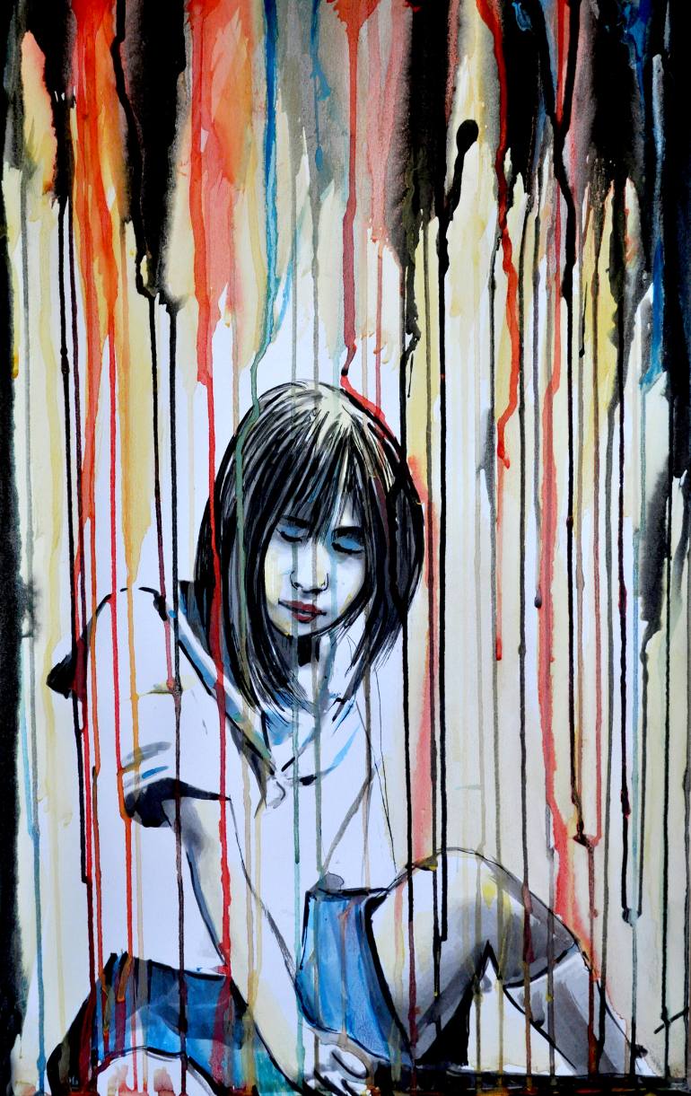 770x1221 Saatchi Art Japanese Schoolgirl Sitting With Katana Painting By - Katana Painting