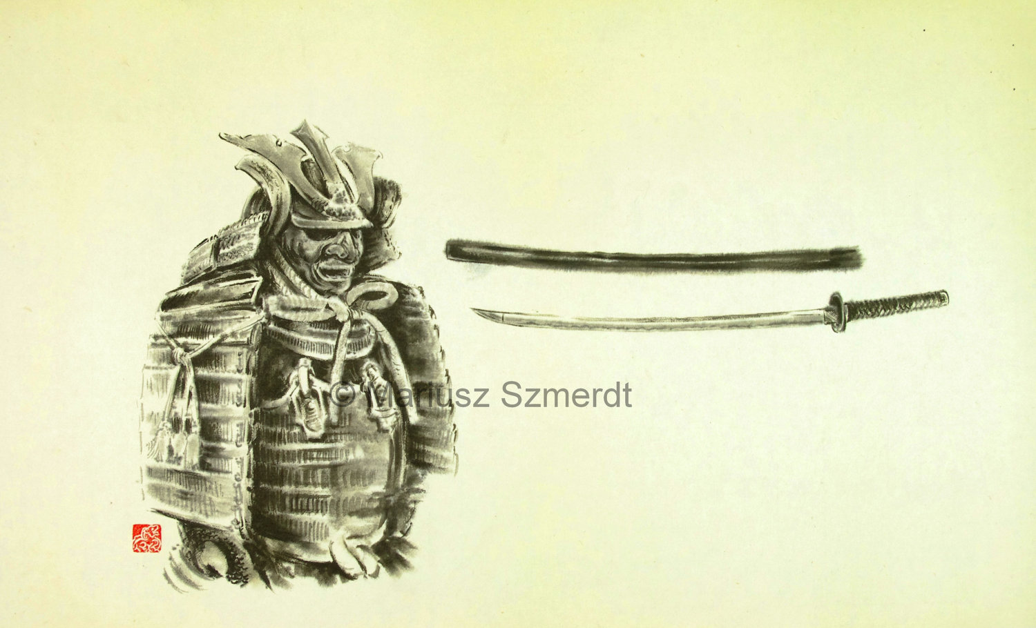1500x910 Samurai Armor Japanese Sword Asian Art Sumi E Warrior - Katana Painting