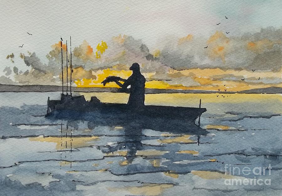 900x627 Silhouette Kayak Fishing Painting By Don Hand - Kayak Painting