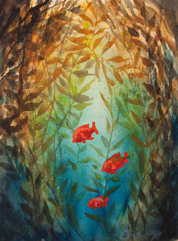 570x769 Kelp Forest, Watercolor Print, Garibaldi Fish, Underwater, Sea - Kelp Forest Painting