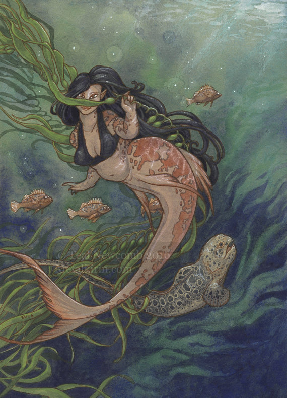 570x790 Matted Original Watercolor Painting Kelp Mermaid - Kelp Painting