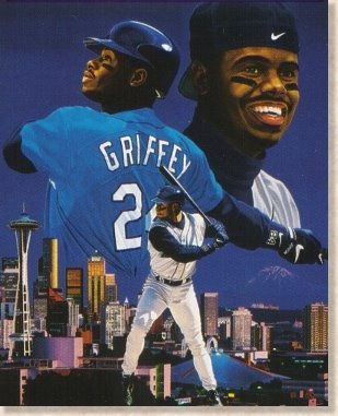 309x381 Ken Griffey Jr Painting With Seattle Skyline Mike - Ken Griffey Jr Painting