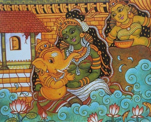 605x489 Ganesha And Parvati - Kerala Mural Painting