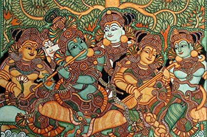 425x283 Krishna Playing The Flute Kerala Mural Art(Unframed Canvas Prints - Kerala Mural Painting Sale