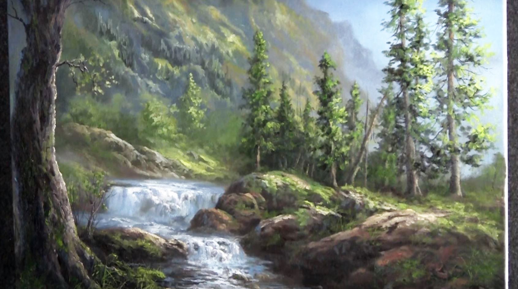 1691x943 Oil Painting Waterfall Landscape - Kevin Hill Oil Painting
