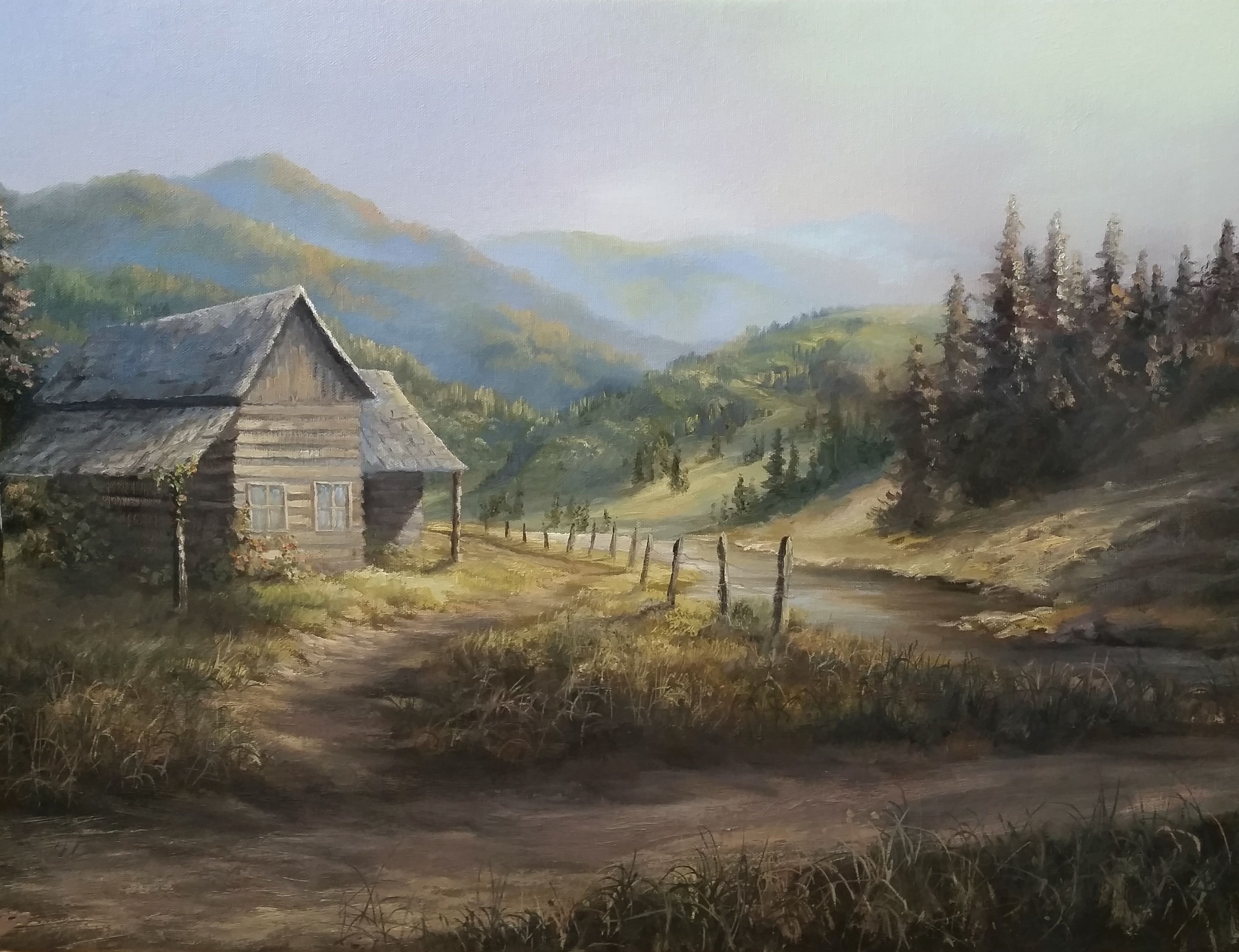 3594x2762 Rustic Cabin Oil Painting By Kevin Hill Watch Short Oil Painting - Kevin Hill Painting