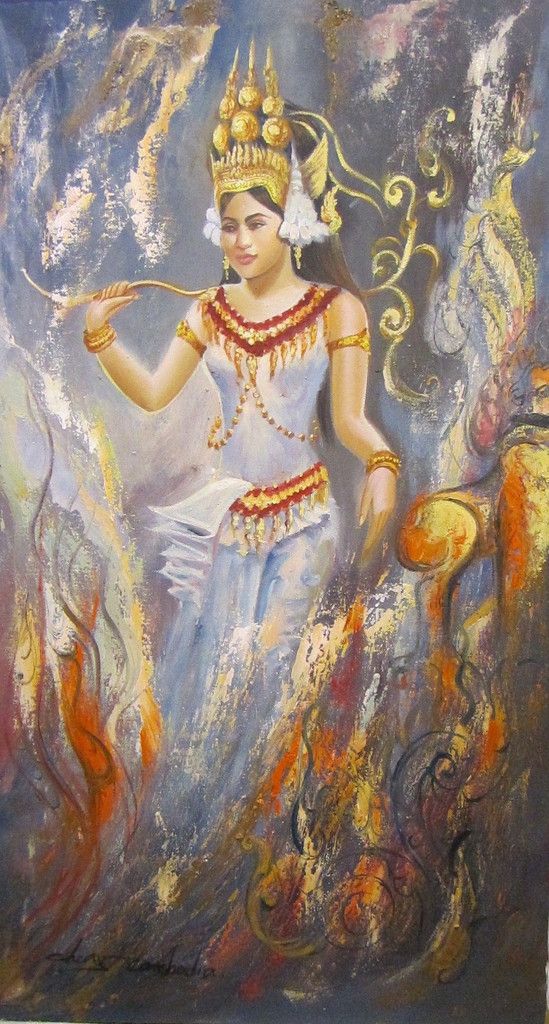 549x1024 Apsara, Apsara Oil Painting 50 X 90cm Cambodian Oil Painting - Khmer Apsara Painting