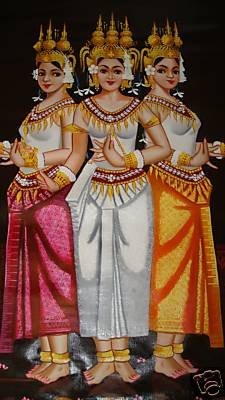 225x400 Original Cambodian Khmer Oil Painting Apsara Dancers - Khmer Apsara Painting