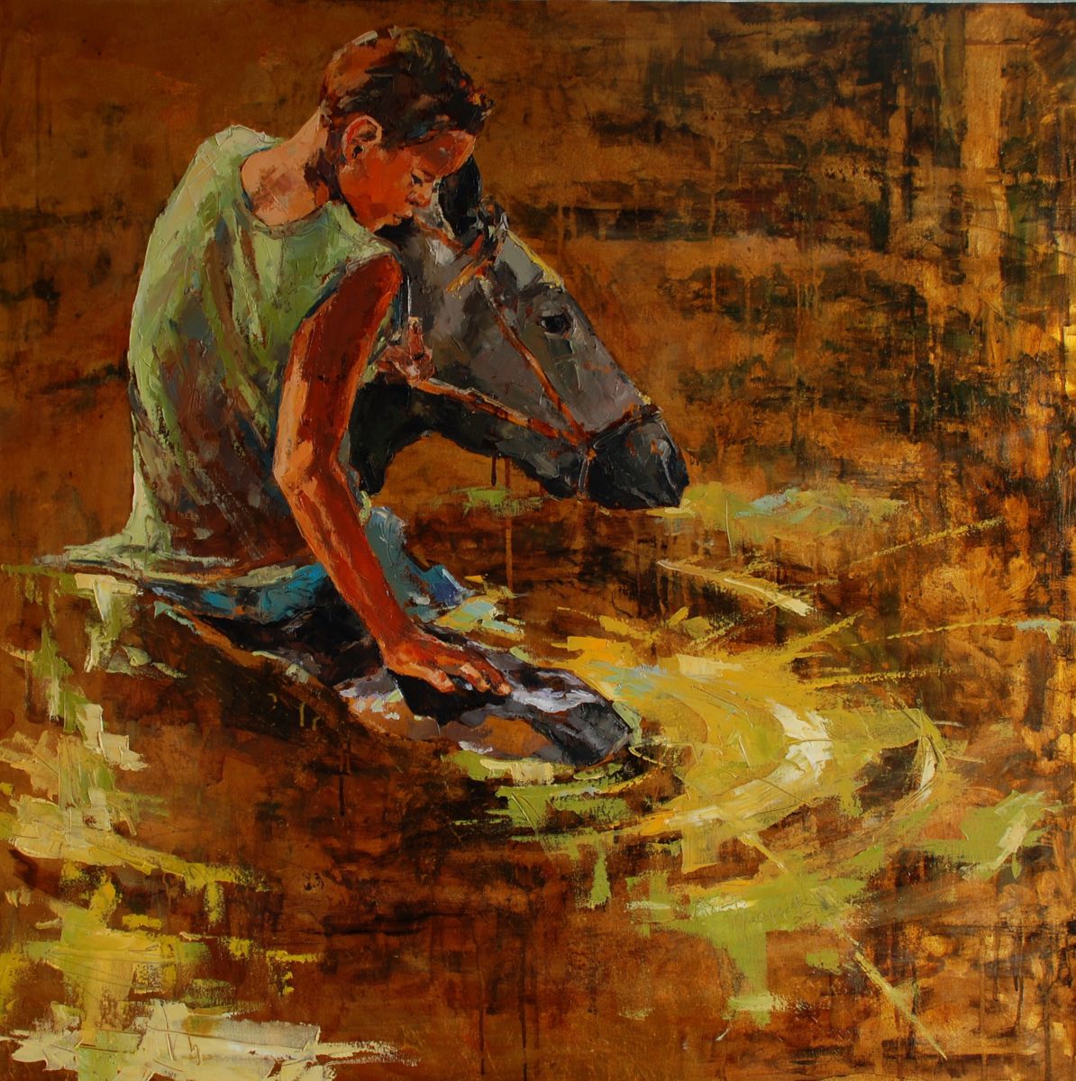 1194x1200 Boy Bathing A Horse (Marcin - Kids Horse Painting