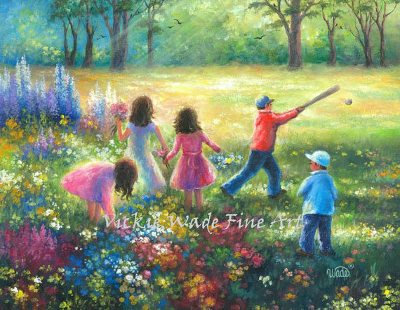 570x441 Five Garden Children Original Painting 16x20 Five Kids - Kids Playing With Painting