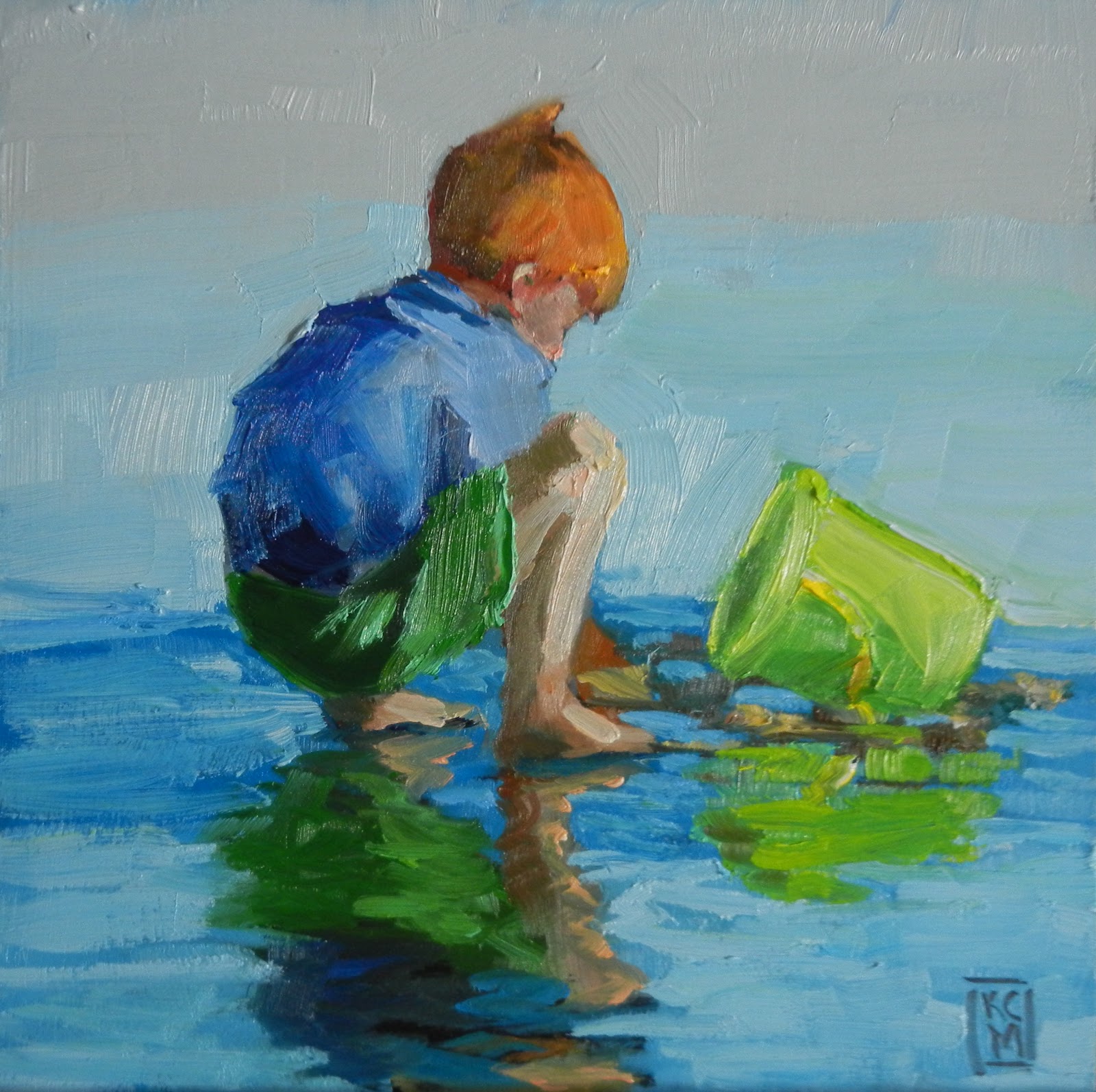 1600x1593 Kelley Macdonald's Paintings Beach Boy, 6x6 Inch Oil Painting - Kids Playing With Painting