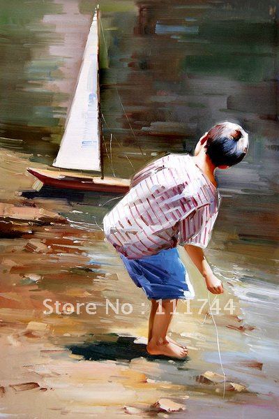 400x600 Oil Painting For Kids Room Modern Art Boy Playing With A Toy Boat - Kids Playing With Painting