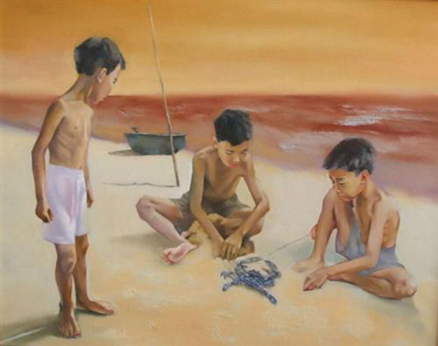 625x494 Doan Hong Asian Art Kids Playing With Blue Crab - Kids Playing With Painting