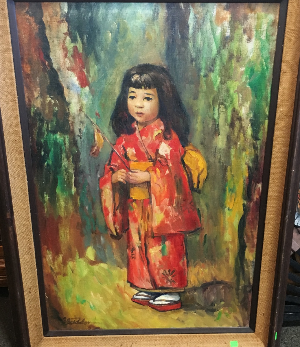 1037x1200 Asian Themed Mid Century Painting Of A Young Girl In A Kimono [Or - Kimono Painting
