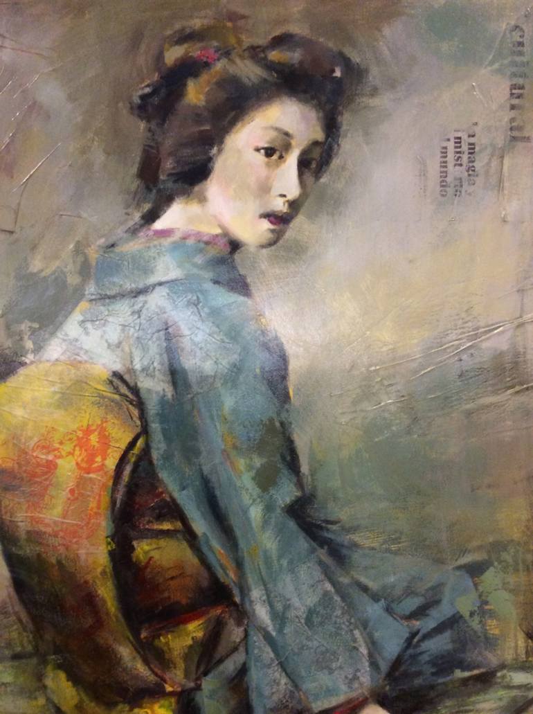 770x1031 Saatchi Art Geisha In Blue Kimono Painting By Maria Oria - Kimono Painting