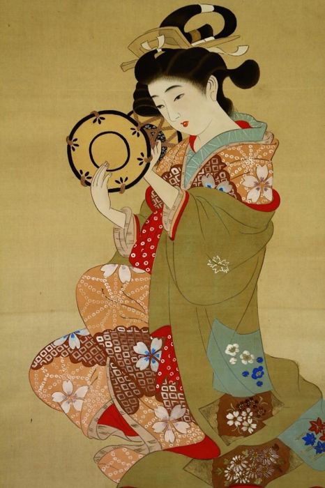 466x700 Scroll Painting On Silk Of A Beauty In A Magnificent Kimono - Kimono Painting