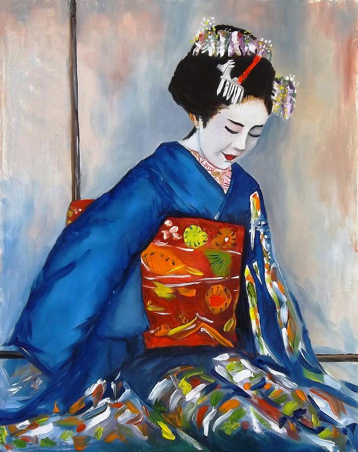 713x900 Geisha In Blue Kimono Painting By Courtney Wilding - Kimono Painting