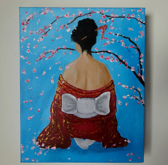 570x559 Japanese Kimono Woman Painting Cherry Blossom Tree Sakura - Kimono Painting