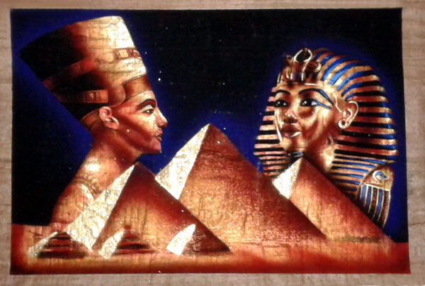 600x403 Egyptian Papyrus Painting Golden Bronze Nefertiti And Mask - King Tut Painting