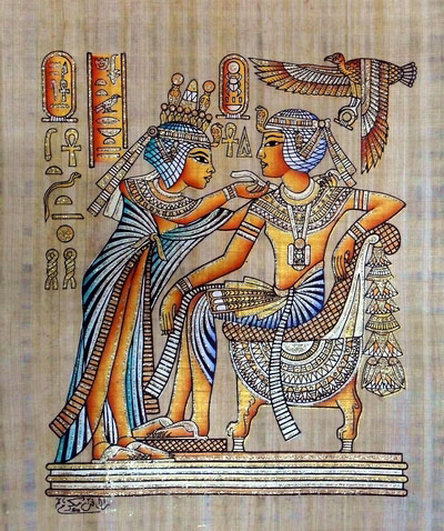 400x478 King Tut Ankh Amun's Wife Tying His Necklace Papyrus Painting - King Tut Painting