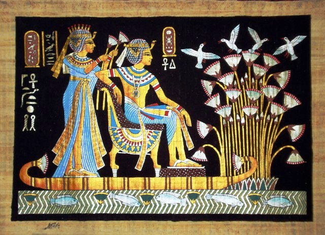 640x462 Papyrus Painting King Tut And His Wife Honeymoon On The Nile - King Tut Painting