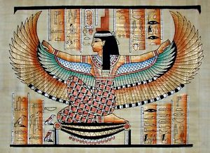 300x218 Egyptian Hand Painted Papyrus Art Winged Isis Seated On Gold - King Tut Painting