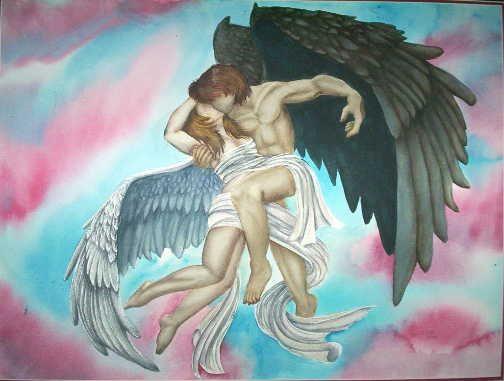 1028x777 Angels In The Sky By Deserayarthus - Kissing Angels Painting. 