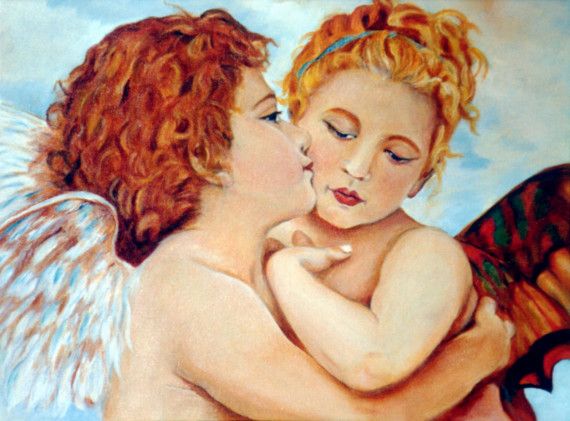 570x421 Art Print Of Kissing Children The Kiss By Enzieshahmiridesigns - Kissing Angels Painting