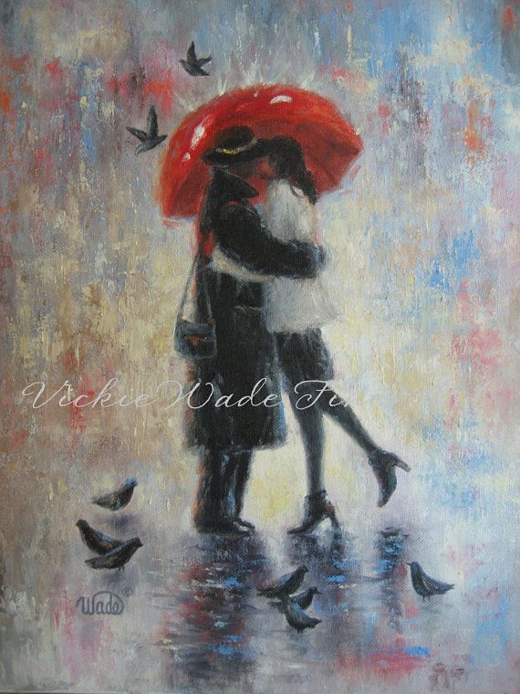 570x760 Kiss After Work Art Print, Lovers Rain Wall Art, Kissing - Kissing In The Rain Painting