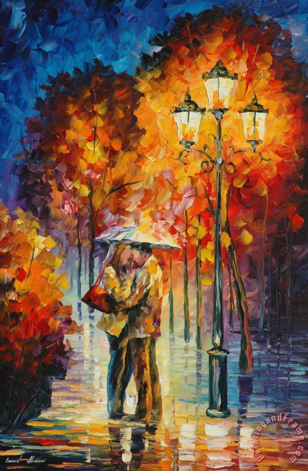 629x960 Leonid Afremov Kiss Under The Rain Art Print For Sale - Kissing In The Rain Painting